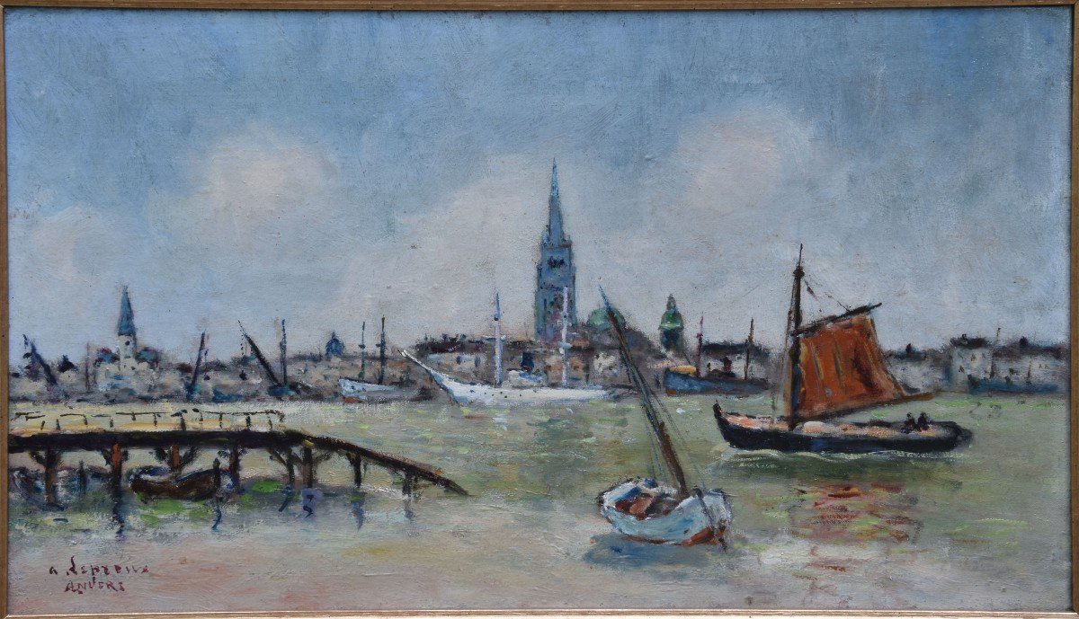 Albert LEPREUX "Le port d' "Anvers"" 1939 huile sur toile 27x46-photo-4